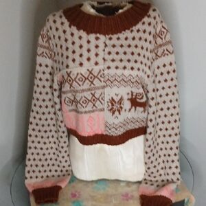 Free People Brown and Cream Patterned Sweater